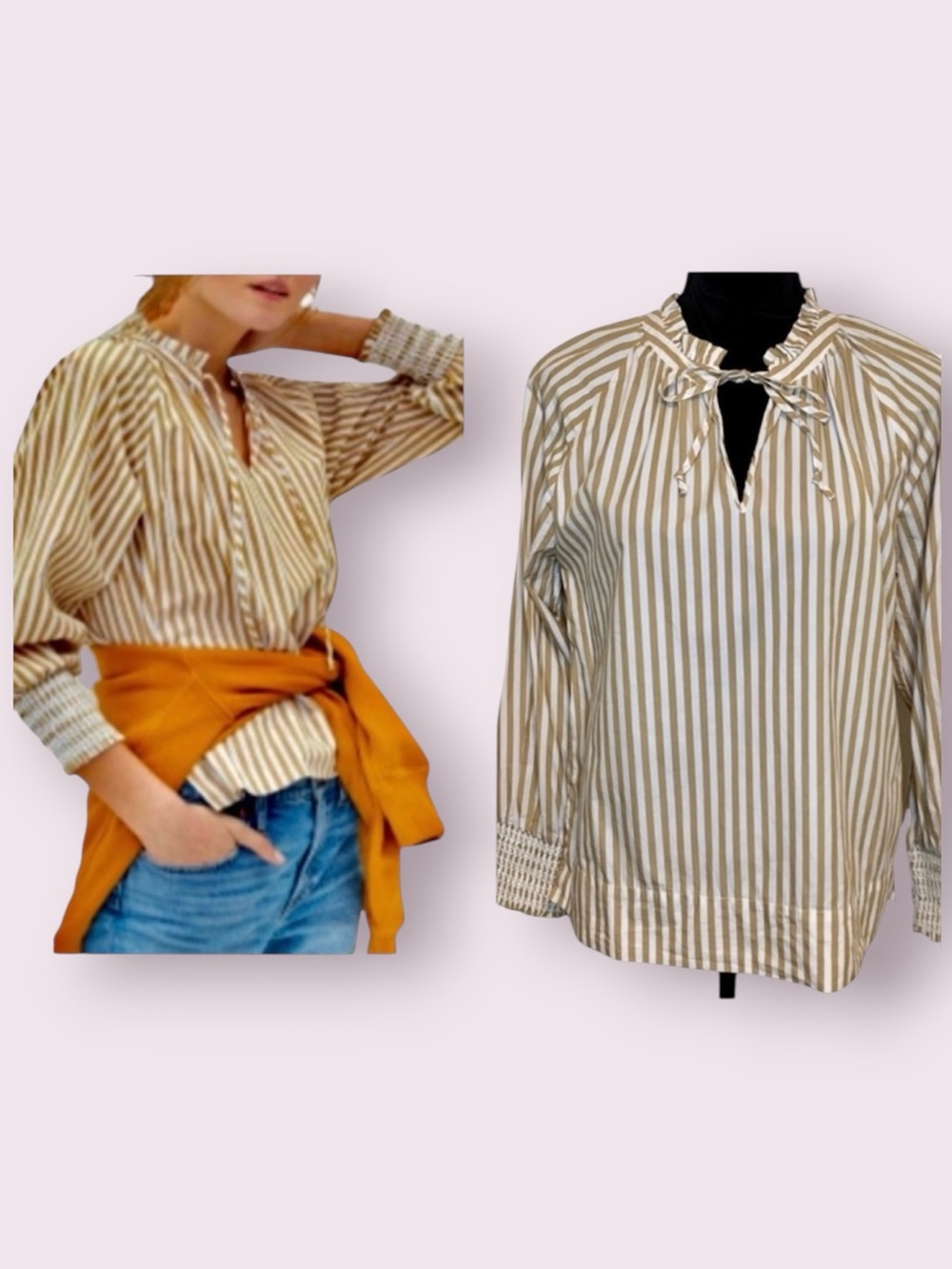 J. Crew ReImagined Popover Top Smocked Cuffs Ruffle Neck Striped Tan White Small